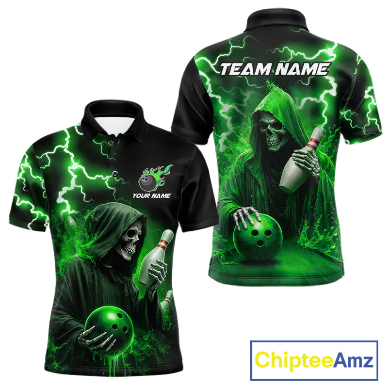 Green Grim Reaper Bowling Shirt Custom Lightning Team League Bowling Jersey Polo, 1/4 Zip