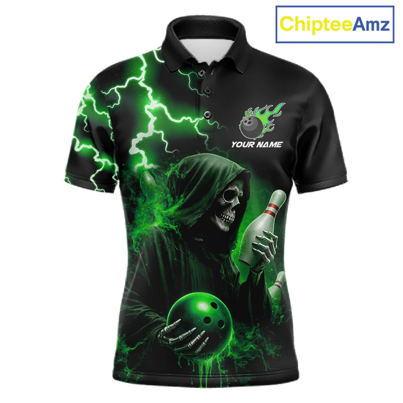 Green Grim Reaper Bowling Shirt Custom Lightning Team League Bowling Jersey Polo, 1/4 Zip
