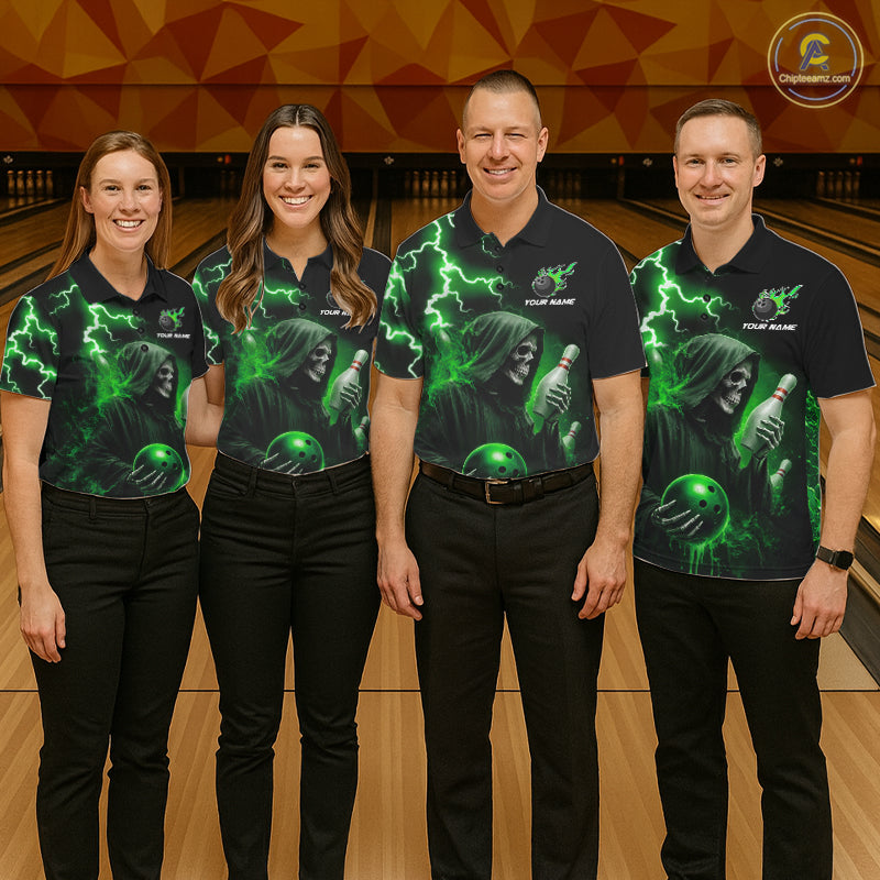 Green Grim Reaper Bowling Shirt Custom Lightning Team League Bowling Jersey Polo, 1/4 Zip