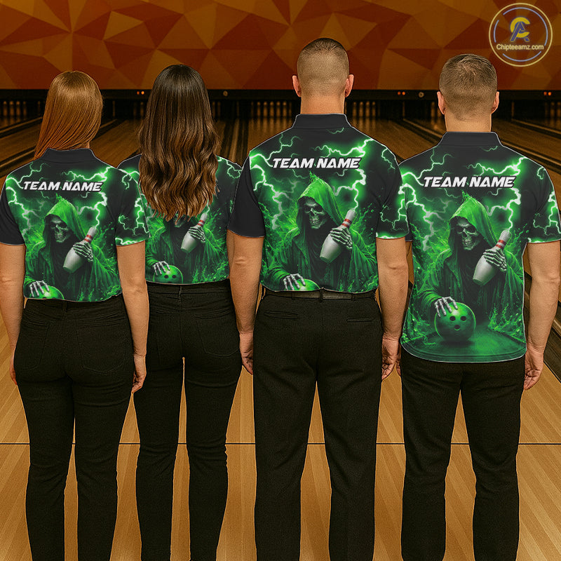 Green Grim Reaper Bowling Shirt Custom Lightning Team League Bowling Jersey Polo, 1/4 Zip