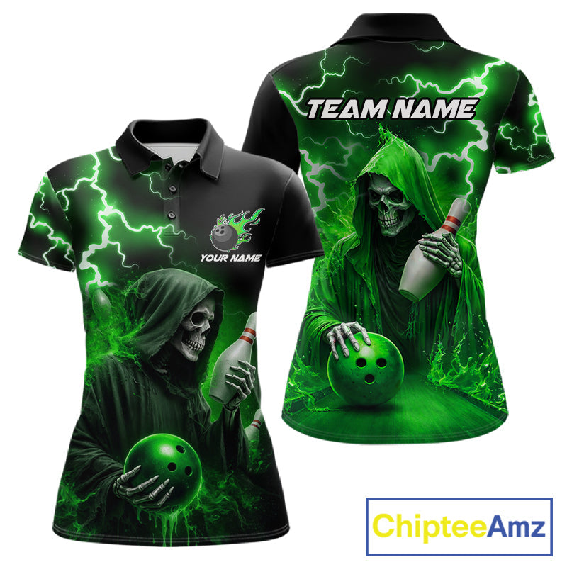 Green Grim Reaper Bowling Shirt Custom Lightning Team League Bowling Jersey Polo, 1/4 Zip