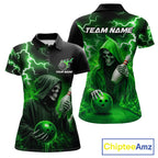 Green Grim Reaper Bowling Shirt Custom Lightning Team League Bowling Jersey Polo, 1/4 Zip