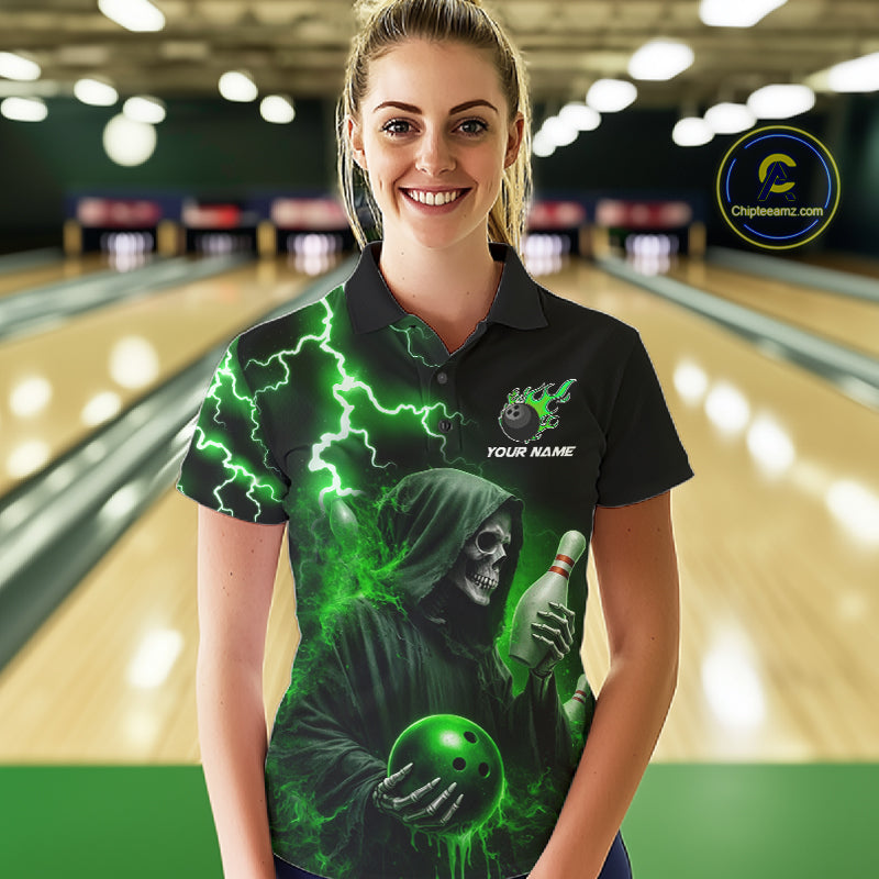 Green Grim Reaper Bowling Shirt Custom Lightning Team League Bowling Jersey Polo, 1/4 Zip