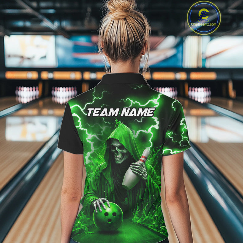 Green Grim Reaper Bowling Shirt Custom Lightning Team League Bowling Jersey Polo, 1/4 Zip