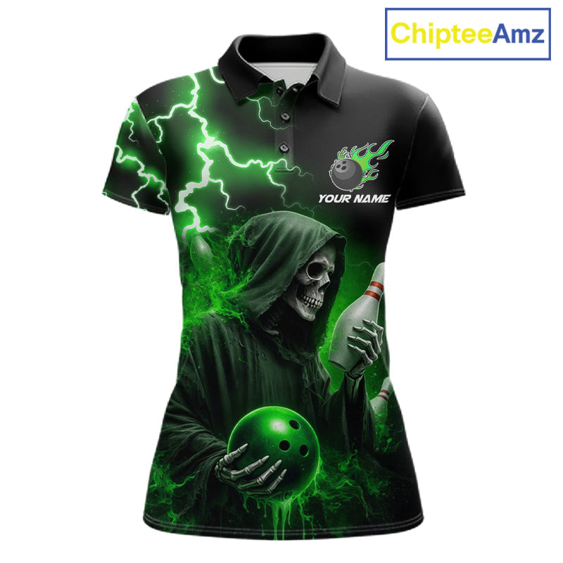 Green Grim Reaper Bowling Shirt Custom Lightning Team League Bowling Jersey Polo, 1/4 Zip