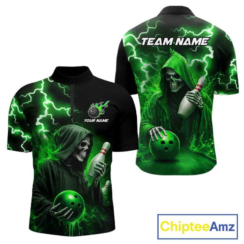 Green Grim Reaper Bowling Shirt Custom Lightning Team League Bowling Jersey Polo, 1/4 Zip