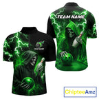 Green Grim Reaper Bowling Shirt Custom Lightning Team League Bowling Jersey Polo, 1/4 Zip