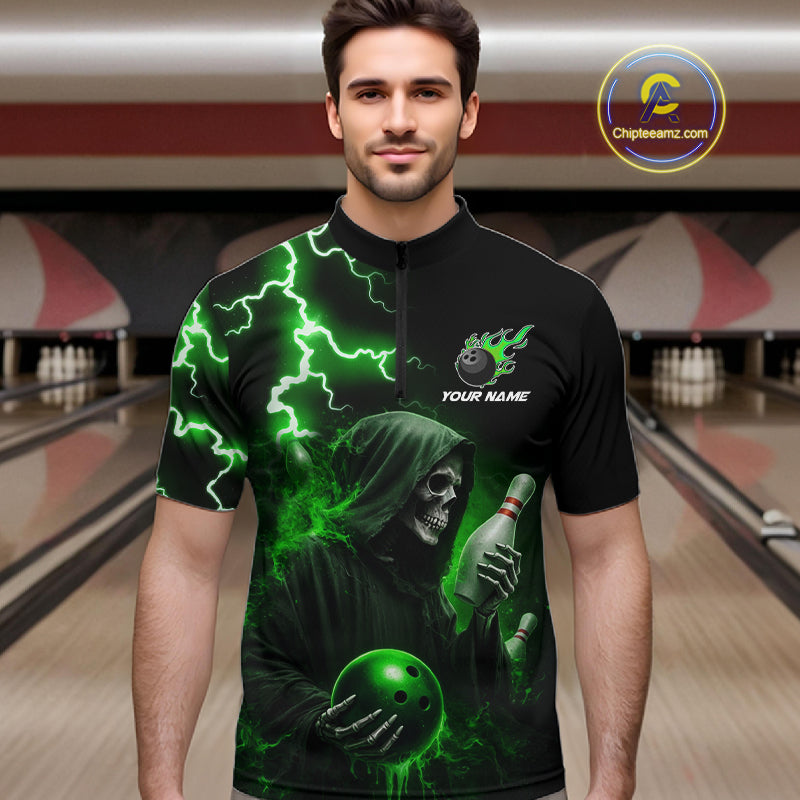 Green Grim Reaper Bowling Shirt Custom Lightning Team League Bowling Jersey Polo, 1/4 Zip