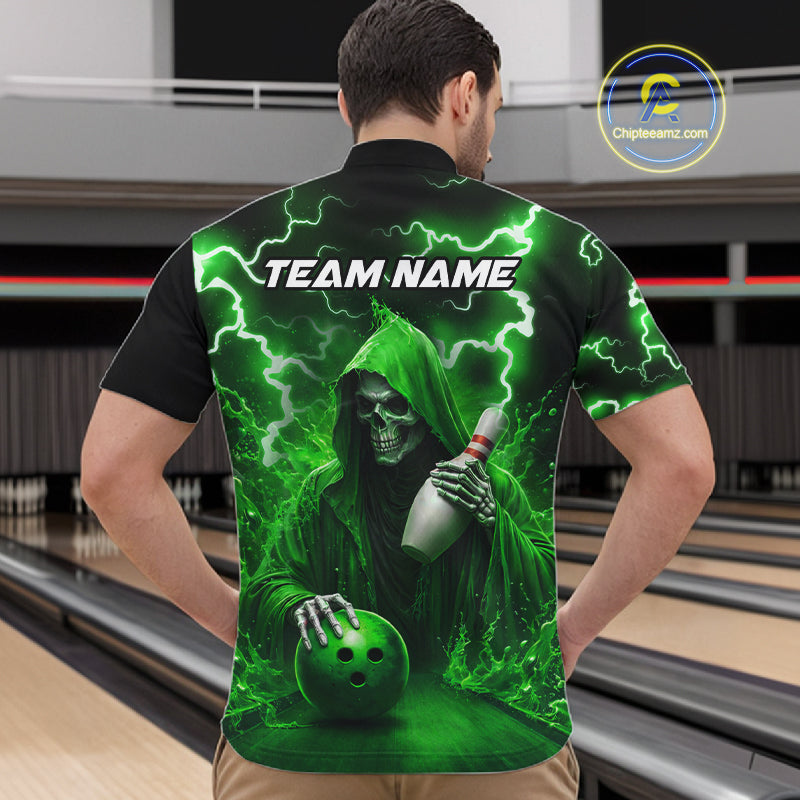 Green Grim Reaper Bowling Shirt Custom Lightning Team League Bowling Jersey Polo, 1/4 Zip