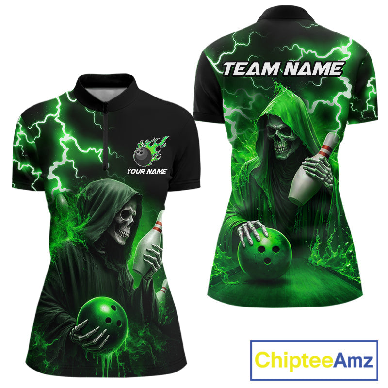Green Grim Reaper Bowling Shirt Custom Lightning Team League Bowling Jersey Polo, 1/4 Zip