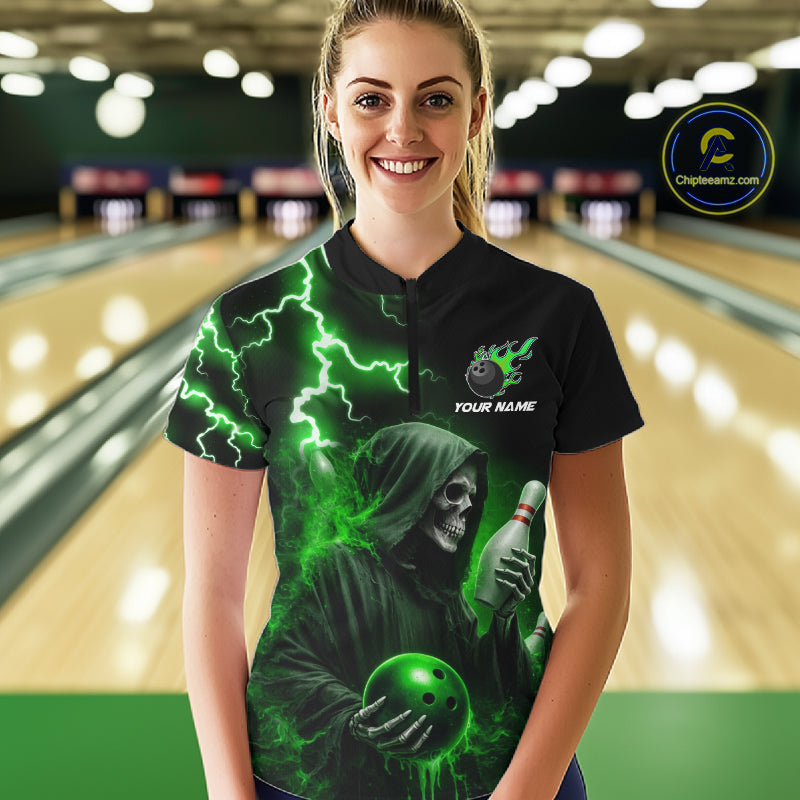 Green Grim Reaper Bowling Shirt Custom Lightning Team League Bowling Jersey Polo, 1/4 Zip