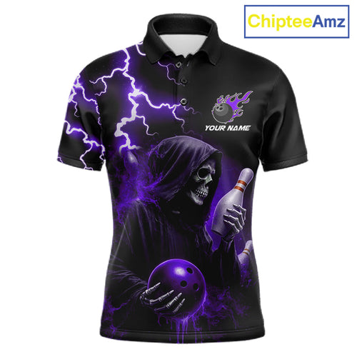 Purple Grim Reaper Bowling Shirt Custom Lightning Team League Bowling Jersey Polo, 1/4 Zip
