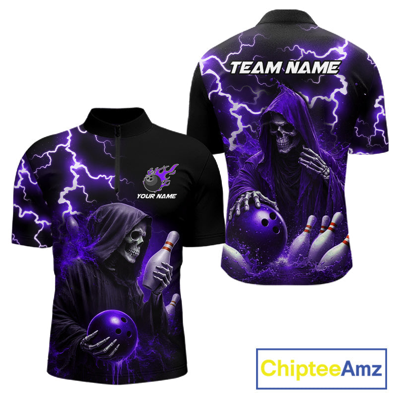 Purple Grim Reaper Bowling Shirt Custom Lightning Bowling Jersey Team Polo & 1/4 Zip