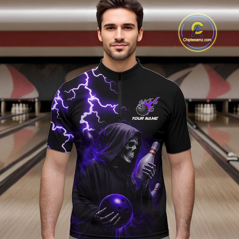 Purple Grim Reaper Bowling Shirt Custom Lightning Bowling Jersey Team Polo & 1/4 Zip