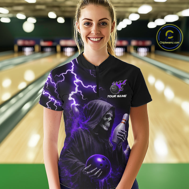 Purple Grim Reaper Bowling Shirt Custom Lightning Bowling Jersey Team Polo & 1/4 Zip
