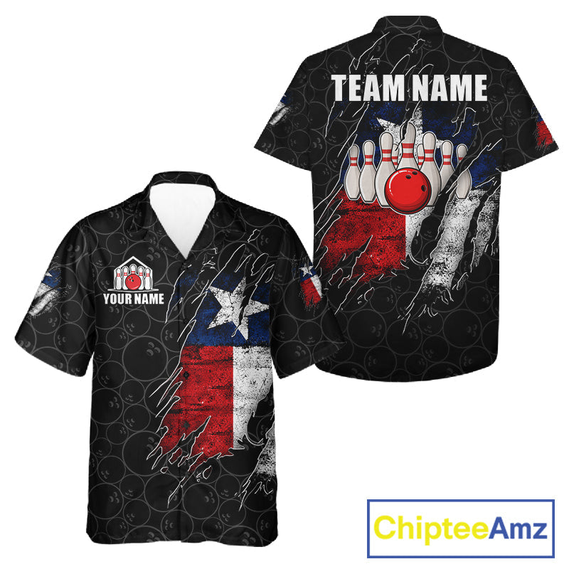 Personalized Vintage Texas Flag Bowling Hawaiian Shirts Custom Patriotic Bowling Team Button Up Jersey