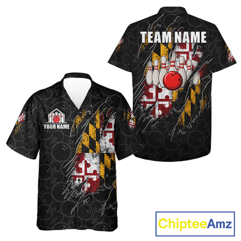 Vintage Maryland Flag Bowling Hawaiian Shirt For Bowlers Custom Patriotic Bowling Team Button Up Jersey