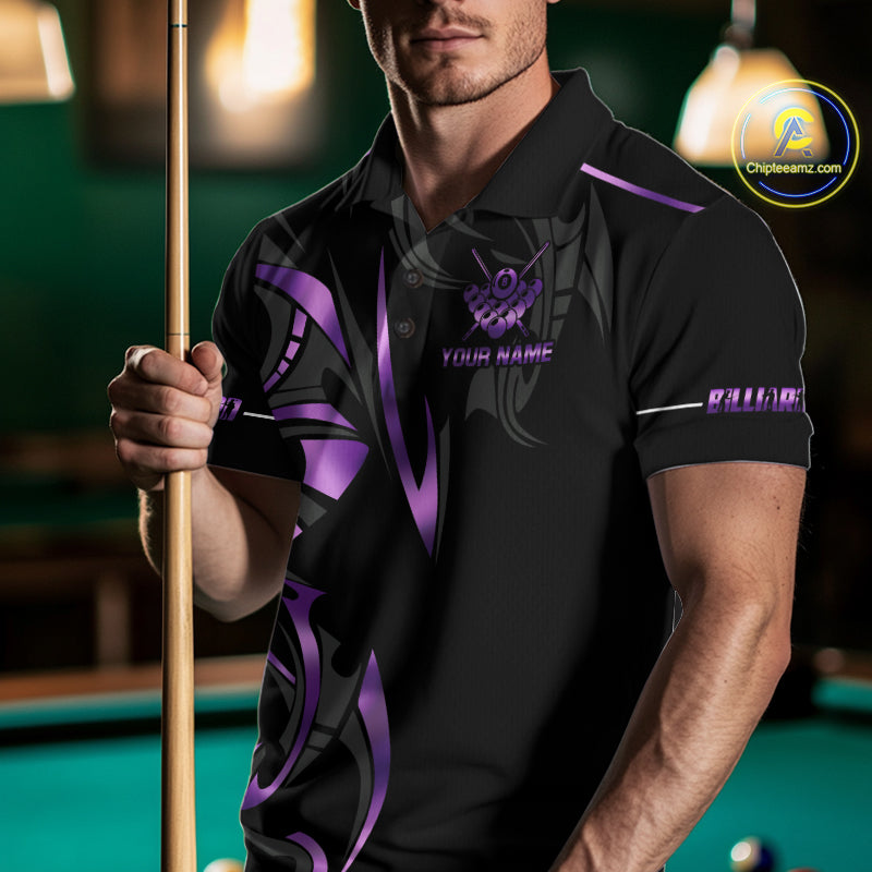 Custom Black And Purple 8 Ball Crown Billiard Shirts, Pool Team Jersey Polo & 1/4 Zip