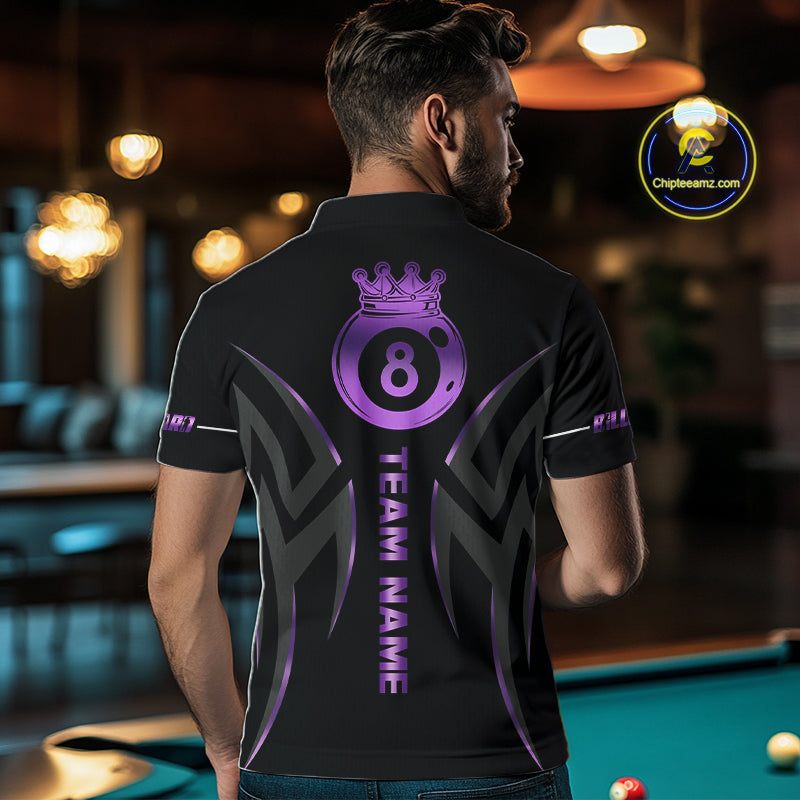 Custom Black And Purple 8 Ball Crown Billiard Shirts, Pool Team Jersey Polo & 1/4 Zip
