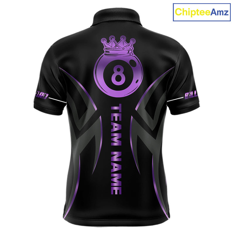 Custom Black And Purple 8 Ball Crown Billiard Shirts, Pool Team Jersey Polo & 1/4 Zip