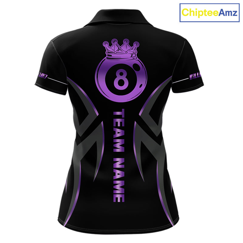 Custom Black And Purple 8 Ball Crown Billiard Shirts, Pool Team Jersey Polo & 1/4 Zip