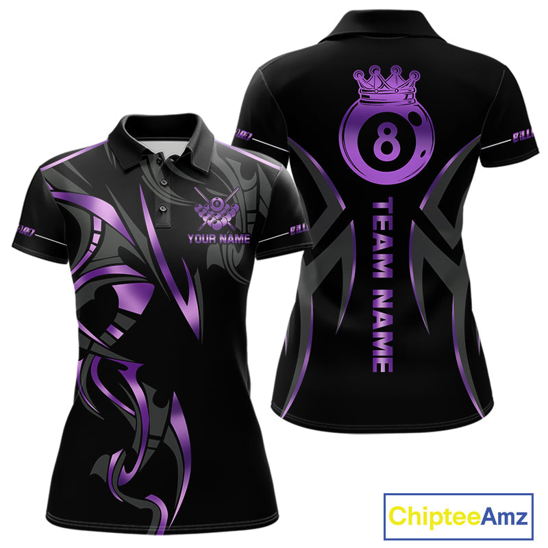 Custom Black And Purple 8 Ball Crown Billiard Shirts, Pool Team Jersey Polo & 1/4 Zip