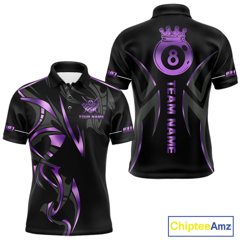 Custom Black And Purple 8 Ball Crown Billiard Shirts, Pool Team Jersey Polo & 1/4 Zip