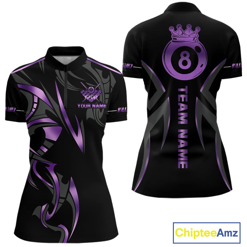 Custom Black And Purple 8 Ball Crown Billiard Shirts, Pool Team Jersey Polo & 1/4 Zip