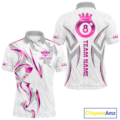 Custom White And Pink 8 Ball Crown Billiard Shirts, Pool Team Jersey Polo & 1/4 Zip