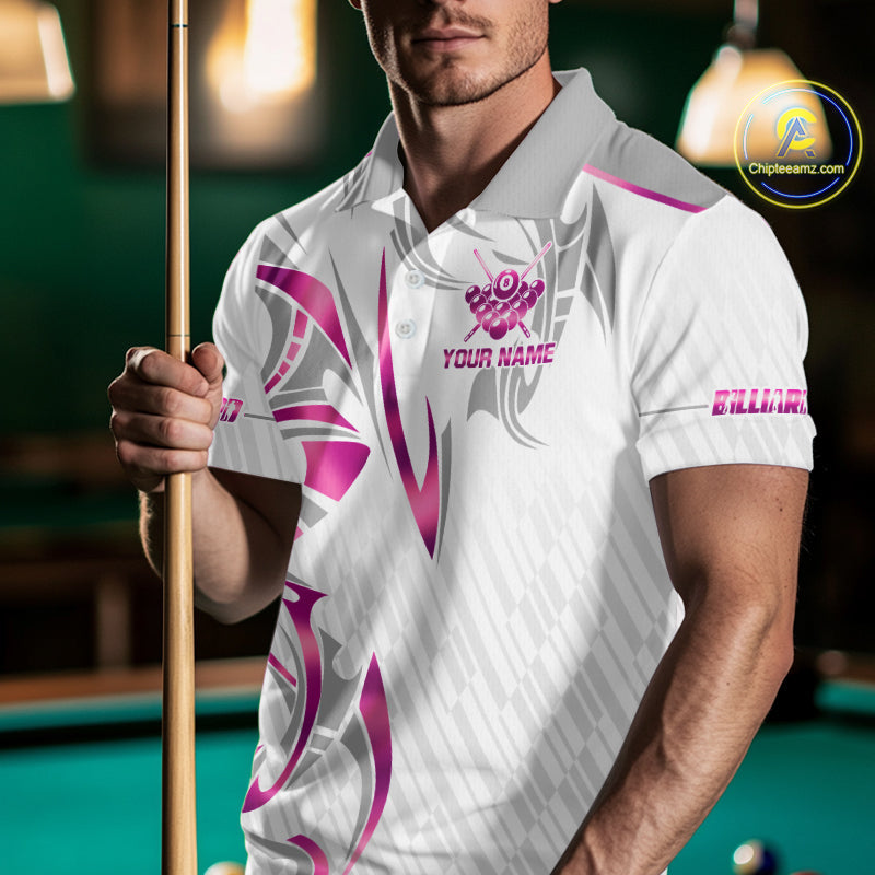 Custom White And Pink 8 Ball Crown Billiard Shirts, Pool Team Jersey Polo & 1/4 Zip