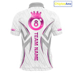 Custom White And Pink 8 Ball Crown Billiard Shirts, Pool Team Jersey Polo & 1/4 Zip