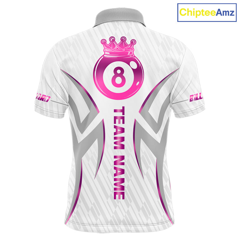 Custom White And Pink 8 Ball Crown Billiard Shirts, Pool Team Jersey Polo & 1/4 Zip