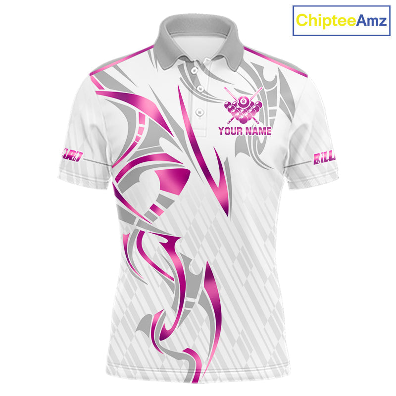 Custom White And Pink 8 Ball Crown Billiard Shirts, Pool Team Jersey Polo & 1/4 Zip