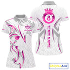 Custom White And Pink 8 Ball Crown Billiard Shirts, Pool Team Jersey Polo & 1/4 Zip