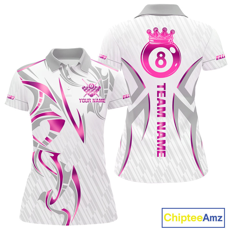 Custom White And Pink 8 Ball Crown Billiard Shirts, Pool Team Jersey Polo & 1/4 Zip