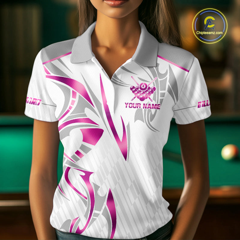 Custom White And Pink 8 Ball Crown Billiard Shirts, Pool Team Jersey Polo & 1/4 Zip