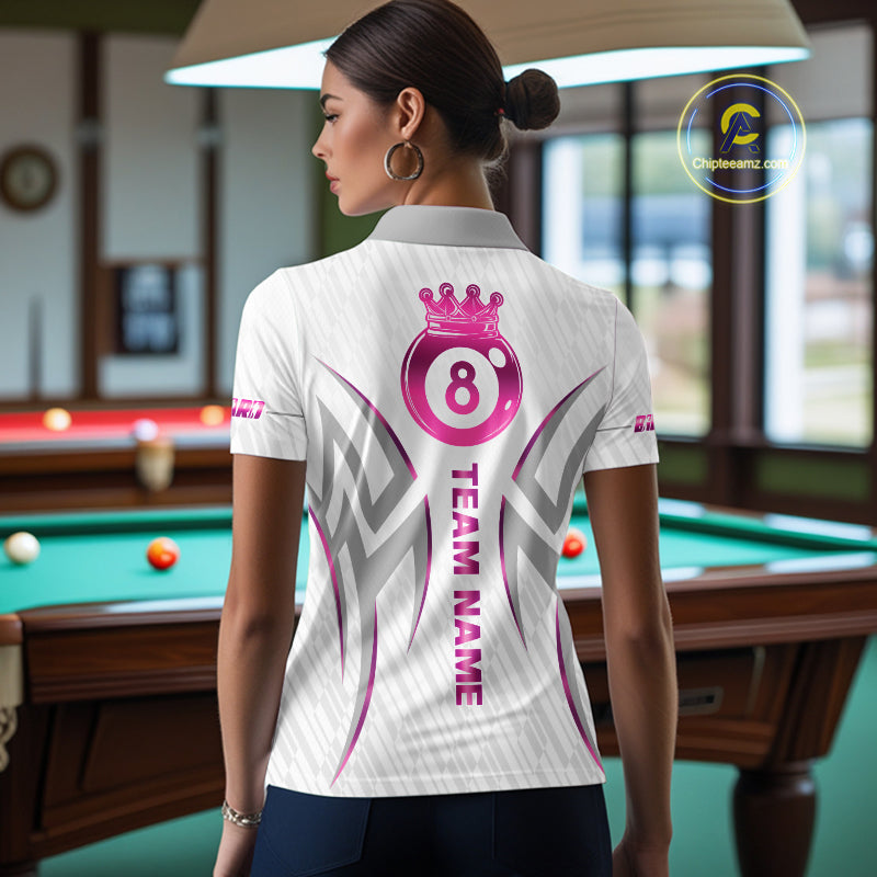 Custom White And Pink 8 Ball Crown Billiard Shirts, Pool Team Jersey Polo & 1/4 Zip