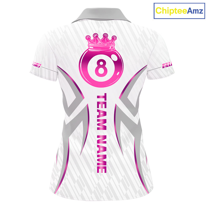 Custom White And Pink 8 Ball Crown Billiard Shirts, Pool Team Jersey Polo & 1/4 Zip