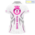 Custom White And Pink 8 Ball Crown Billiard Shirts, Pool Team Jersey Polo & 1/4 Zip