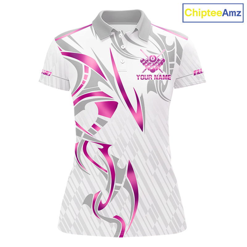 Custom White And Pink 8 Ball Crown Billiard Shirts, Pool Team Jersey Polo & 1/4 Zip