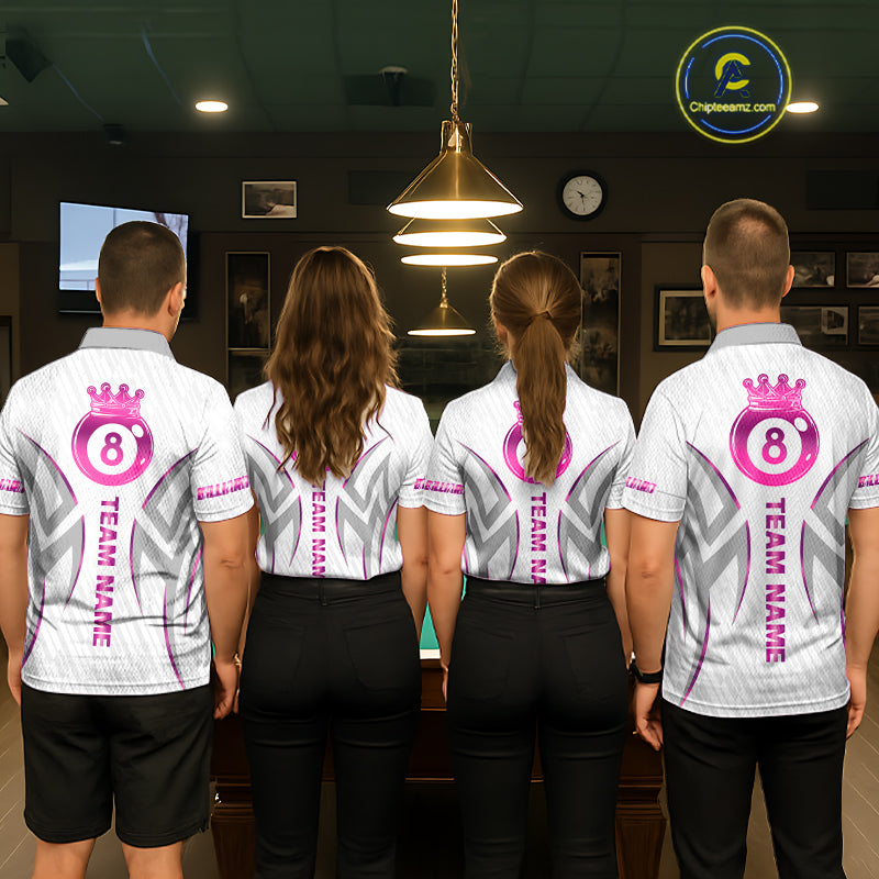 Custom White And Pink 8 Ball Crown Billiard Shirts, Pool Team Jersey Polo & 1/4 Zip