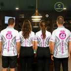 Custom White And Pink 8 Ball Crown Billiard Shirts, Pool Team Jersey Polo & 1/4 Zip