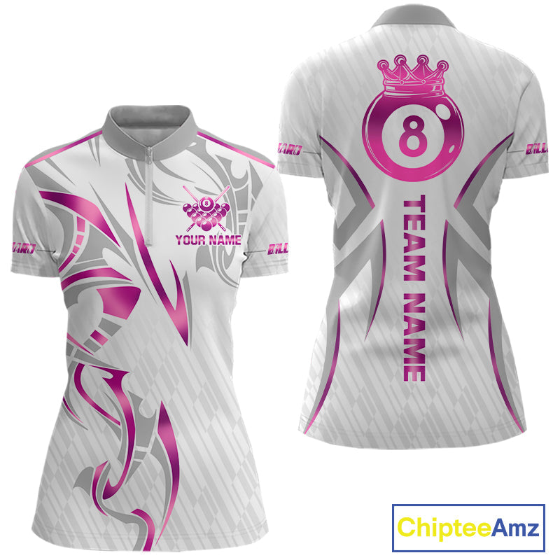 Custom White And Pink 8 Ball Crown Billiard Shirts, Pool Team Jersey Polo & 1/4 Zip