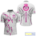 Custom White And Pink 8 Ball Crown Billiard Shirts, Pool Team Jersey Polo & 1/4 Zip
