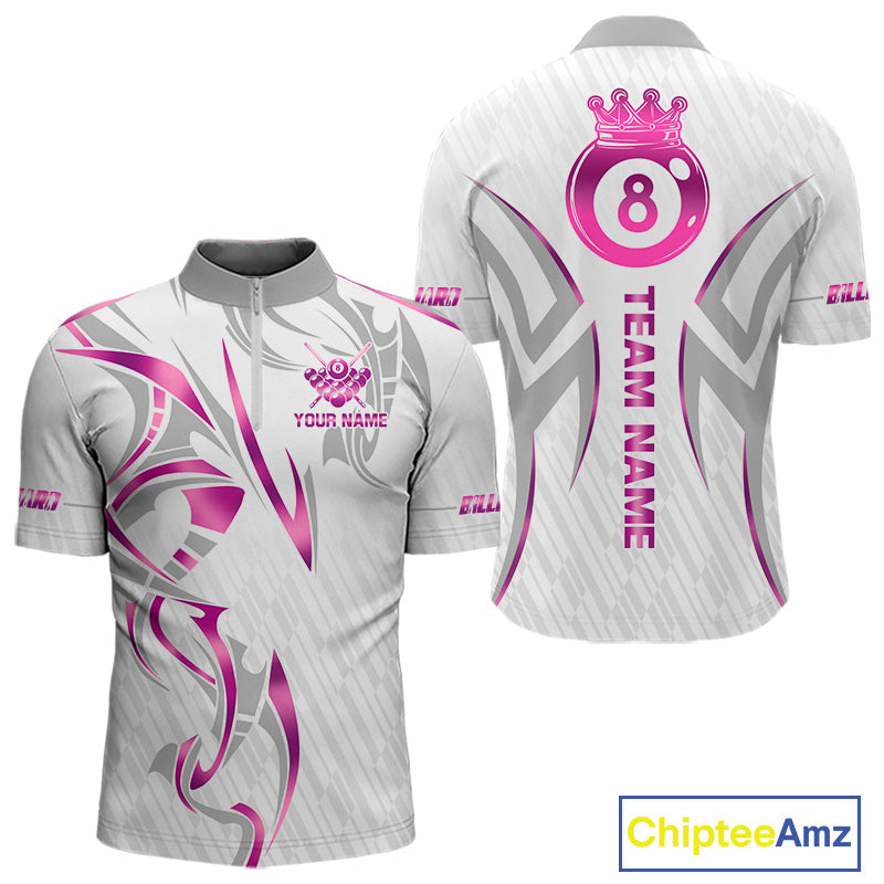 Custom White And Pink 8 Ball Crown Billiard Shirts, Pool Team Jersey Polo & 1/4 Zip
