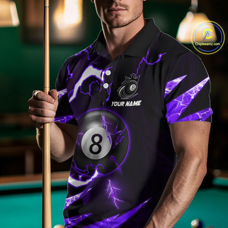Personalized Purple 8 Ball Pool Billiard Shirts Custom Thunder Lightning Pool Jerseys