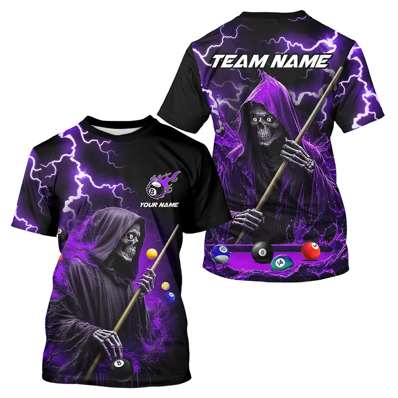 Purple Grim Reaper Billiard T Shirt Custom Thunder Lightning 8 Ball Pool Team Jersey