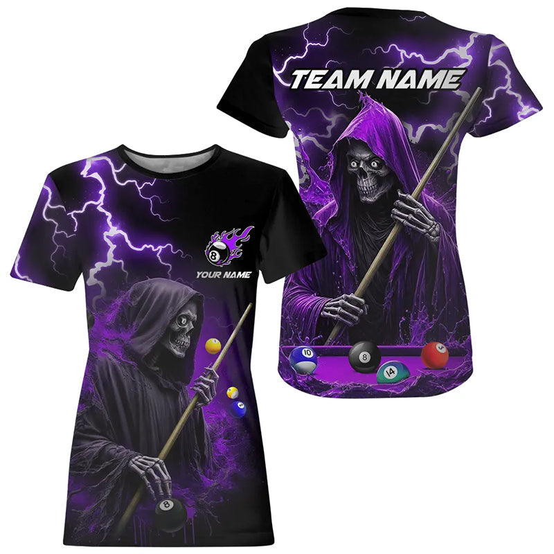 Purple Grim Reaper Billiard T Shirt Custom Thunder Lightning 8 Ball Pool Team Jersey