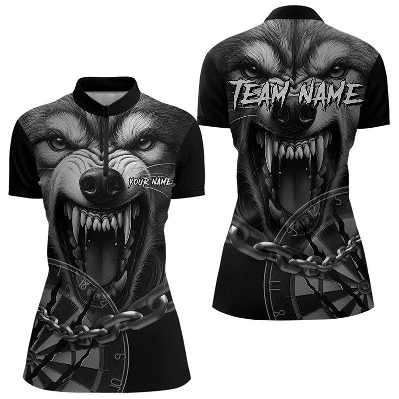 Personalized Snarling Wolf Darts Polo & Quarter Zip Custom Dart Shirts Cool Dart Jerseys