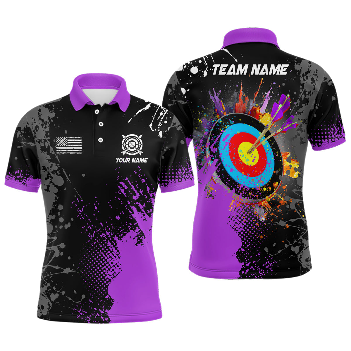 Personalized Paint Purple 3D Target Archery Polo Shirts Custom Name Archery Jerseys Attire